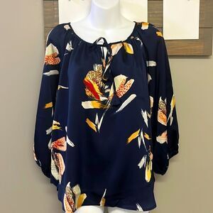 Lovestitch Navy Floral with Tassel Keyhole Tie and Elastic 3/4 Sleeves- Medium